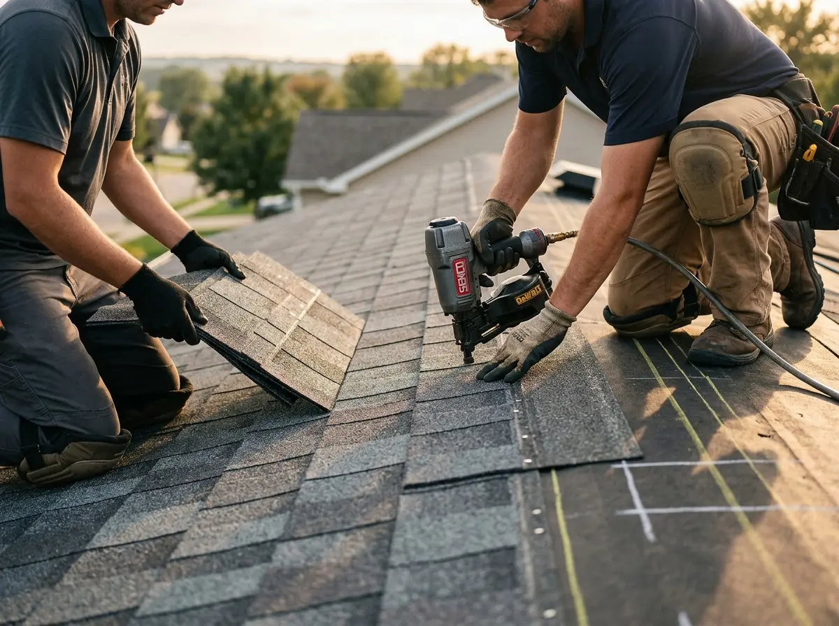 Professional roofer working on a residential roof in Connersville